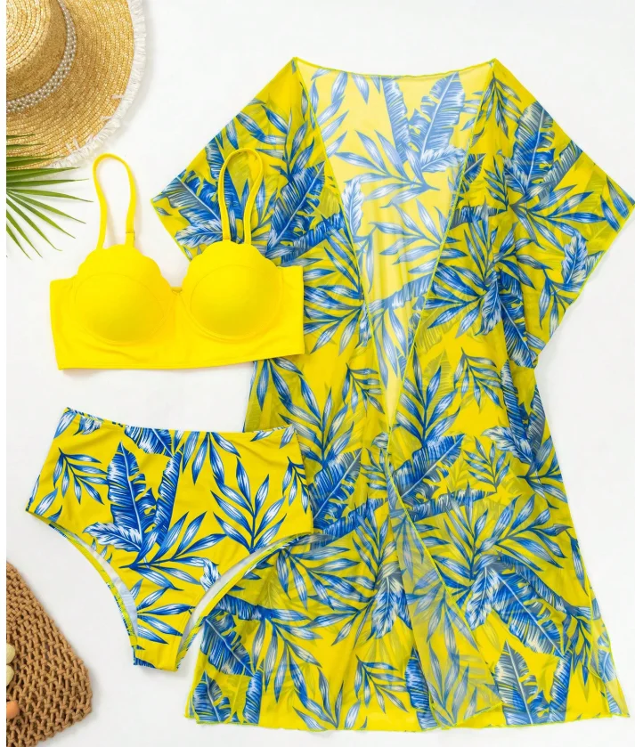 Maple Leaf-Printed New Skinny Bikini Swimsuit: Complete with High-Waist Mesh Jacket