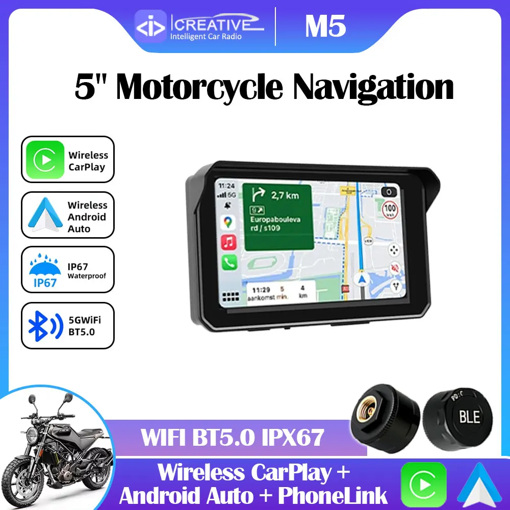 Icreative 5 inch Motorcycle Navigation Support TPMS GPS Wireless CarPlay Android Auto IPX67 Display Screen 854*480 IPS V553 Chip