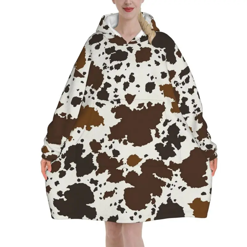 Wearable Blanket Hoodie Cow Print Oversized Fleece Sweatshirt Blanket with Giant Pocket Warm Cozy Hooded Blanket for Adults