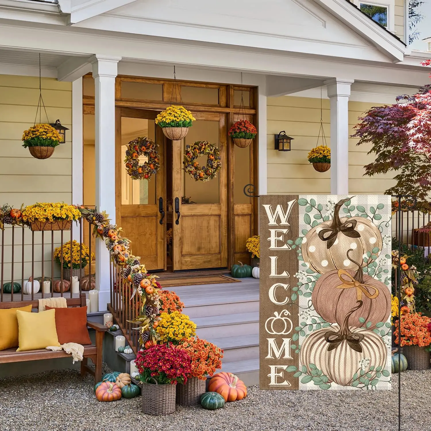 colorlife Fall Welcome Polka Dot Stripe Pumpkins Garden Flag 12 x 18 Inch Double Sided, Eucalyptus Thanksgiving Autumn Harvest