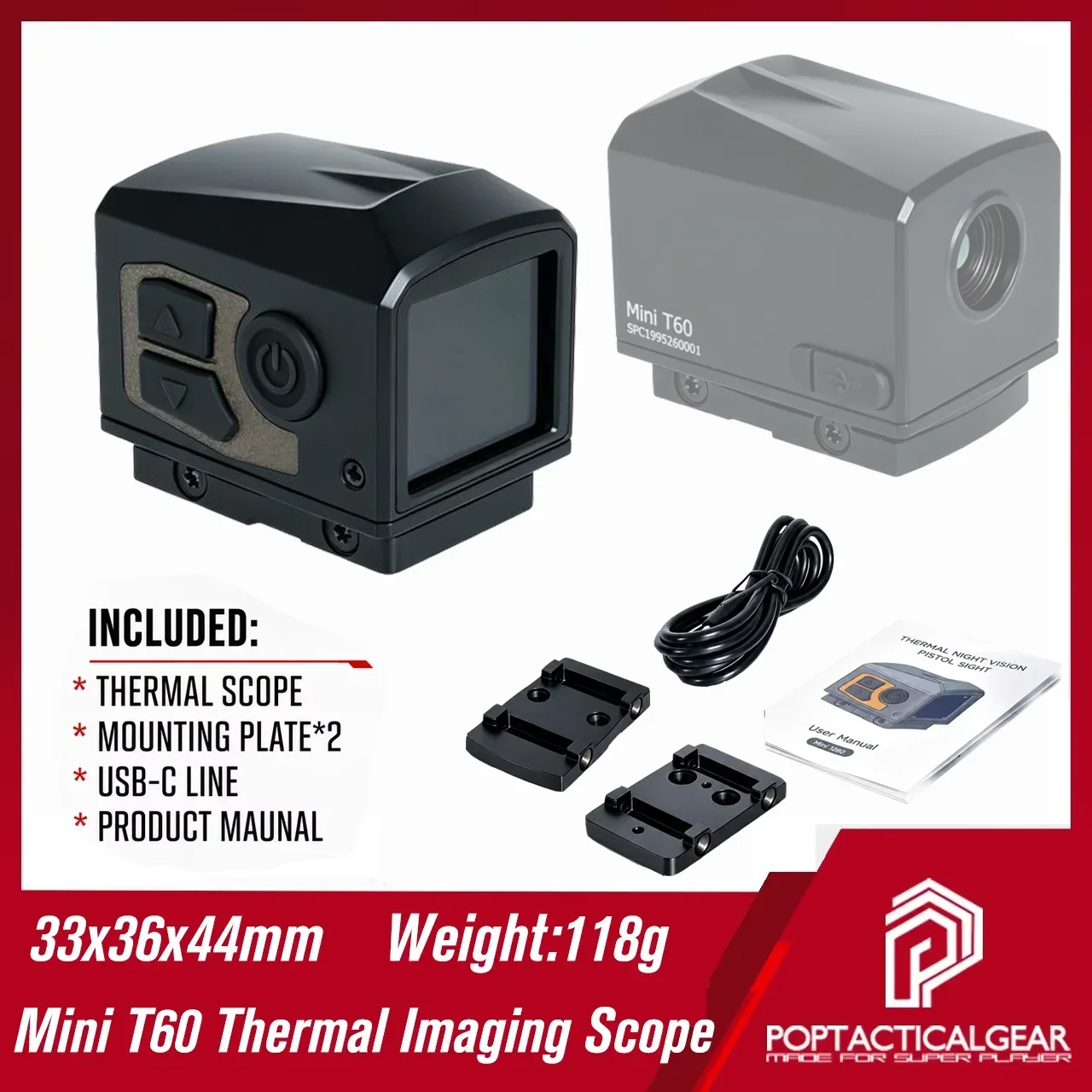 T60 Mini Thermal Imaging Scope 768X576 Touch Infrared Thermal Tactical Optic Scope 1X-2X Digital Zoom Compact Lightweight USB-C