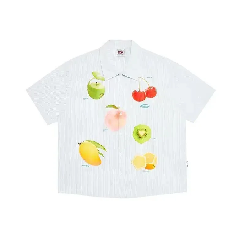

Casual Couple Fruit Print Cuban Collar Shirt Unisex Loose Short Sleeve Daily Blouse