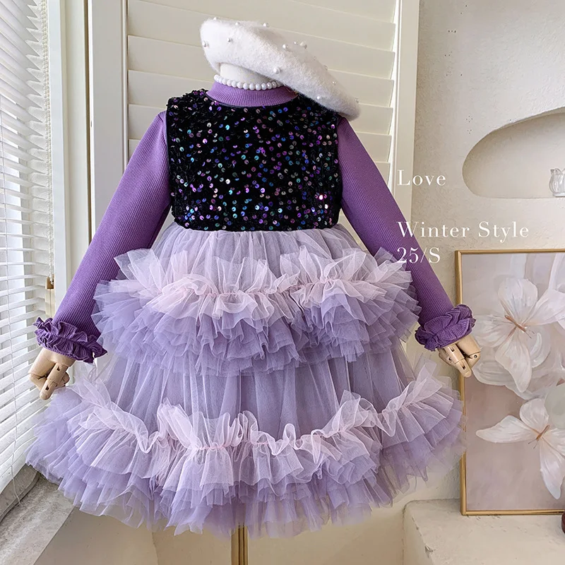 

Girls' Autumn and Winter New Purple Sequin Fleece-Lined Sleeveless Layered Dress