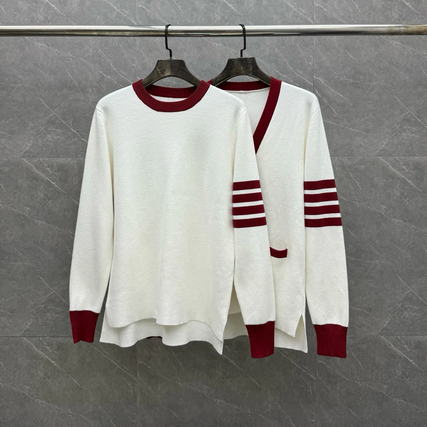 

Высококачественный вязаный кардиган из чистого хлопка на пяти пуговицах для мужчин и женщин, осенняя новинка, красный в полоску, с цветовыми блоками, открытый фасон