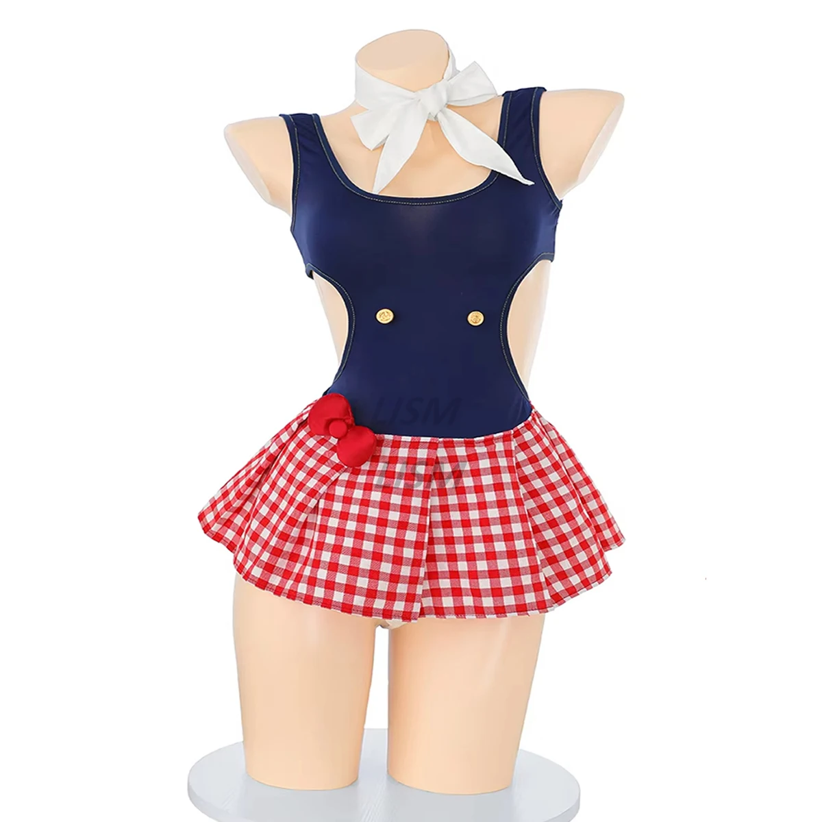 

Seductive Nautical Cosplay Lingerie Set Navy Sailor Bodysuit & Red Gingham Ruffled Skirt – Sexy Roleplay Outfit for Women