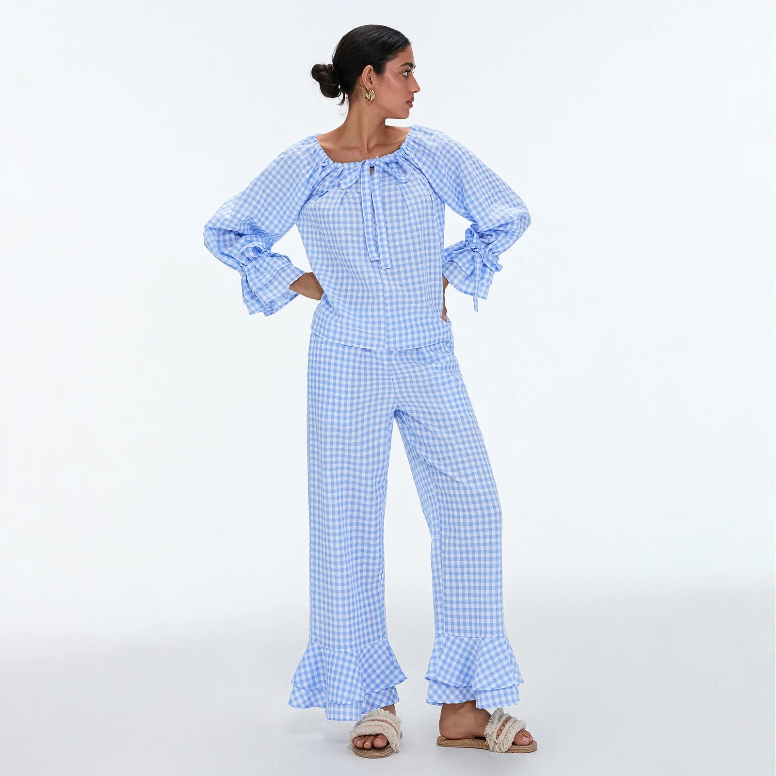 Women's Lounge Wear Sets Fall Spring Plaid Long Sleeve Scoop Neck Tops Elastic Waist Layered Ruffle Pants 2 Piece Sleepwear Sets