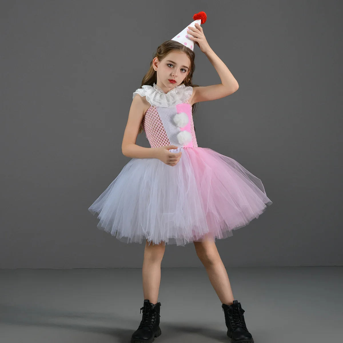 Children New Rainbow Spliced Color Sweet Clown Style Tulle Tutu Dress With Polka Dot Hat Set For Halloween Carnival Party Outfit