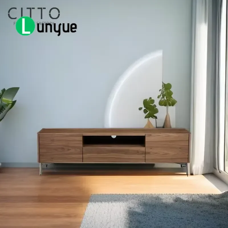 Modern Walnut Veneer Dark Gray Ceramic TV Unit For Living Room Furniture Customizable Factory Direct Sale Minimalist Design
