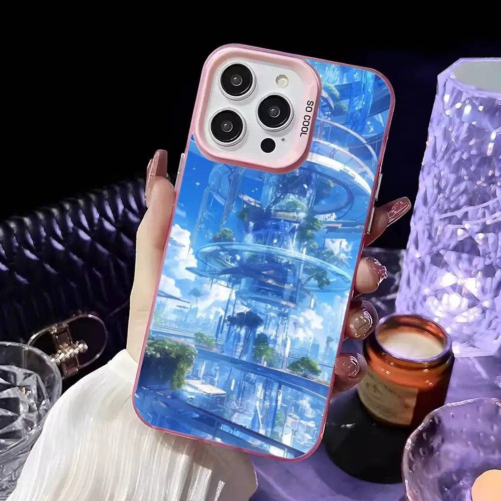 حافظة هاتف معمارية الخيال العلمي باللونين الأزرق والأبيض لهواتف iPhone 16,15,14,13,12,11,Mini,Pro,MAX غطاء وردي غير لامع مقاوم للصدمات #6