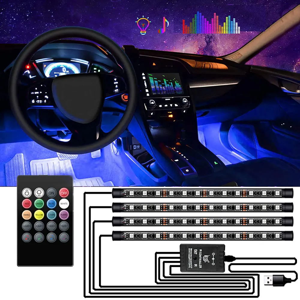 LED Strip Lamp Car Foot Floor Decoration Bulbs Interior Atmosphere Light RGB USB Wireless Remote Music Control Multiple Modes