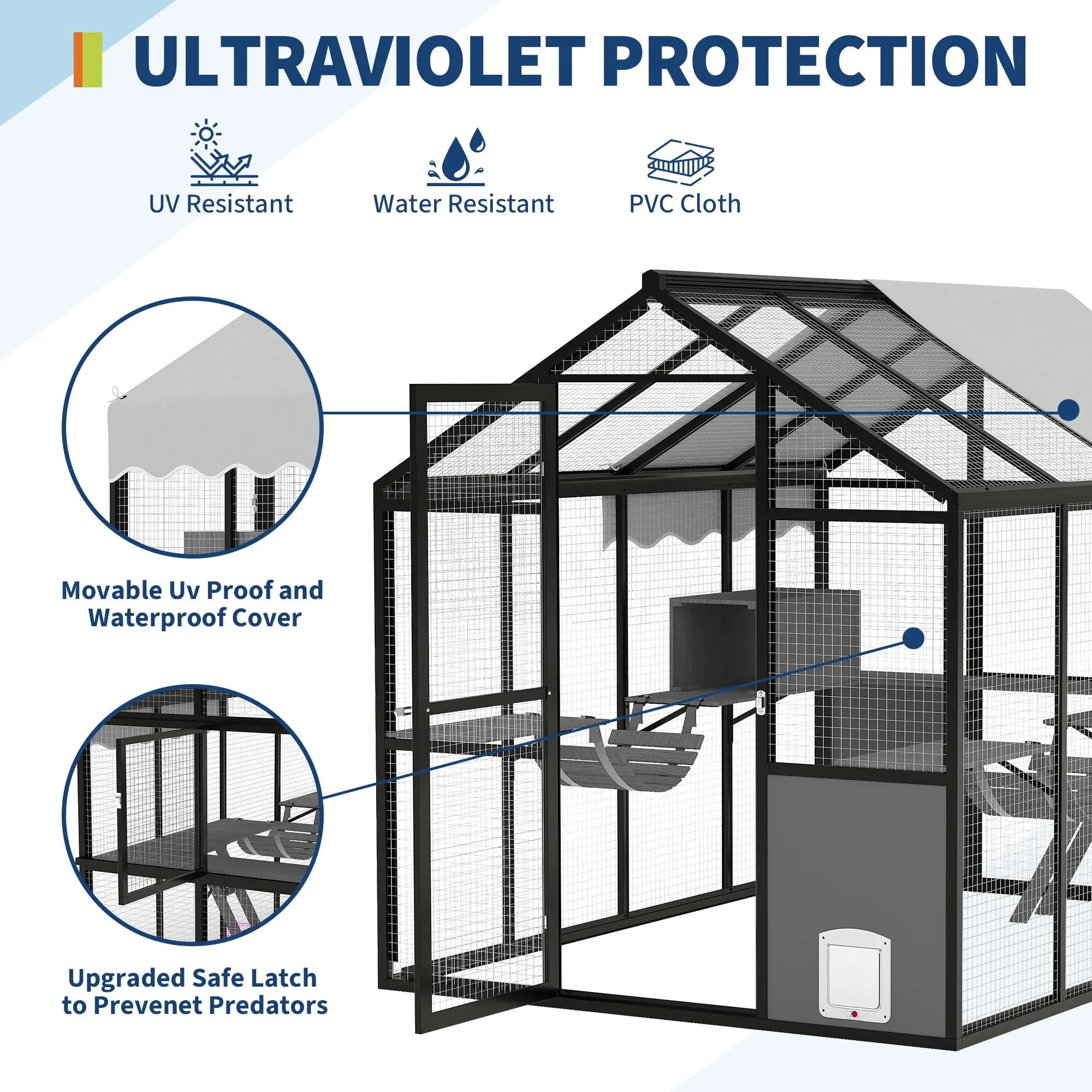Extra Large Aluminum Outdoor Catio Enclosure For Multiple Cats Walk-in Cat Run With UV-Proof Cover Platforms & Adjustable Doors - view 3