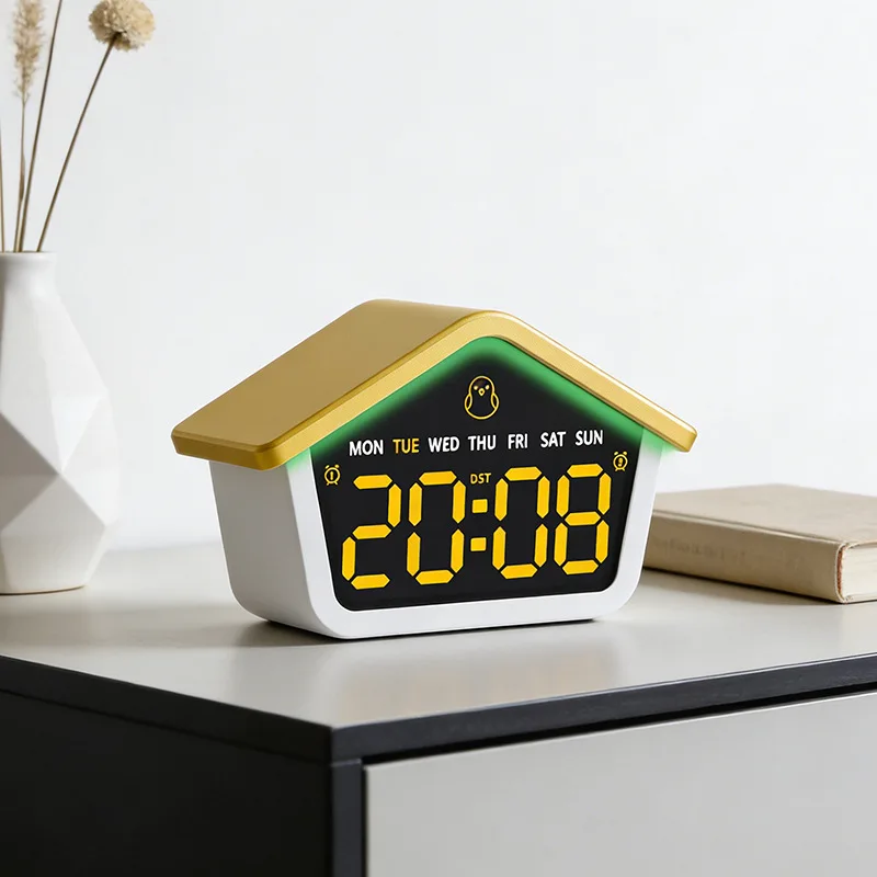 Minimalist House-Shaped LED Alarm Clock,Digital Electronic Clock with 8-Color Night Light,Silent Desk Clock,Modern Bedroom Decor