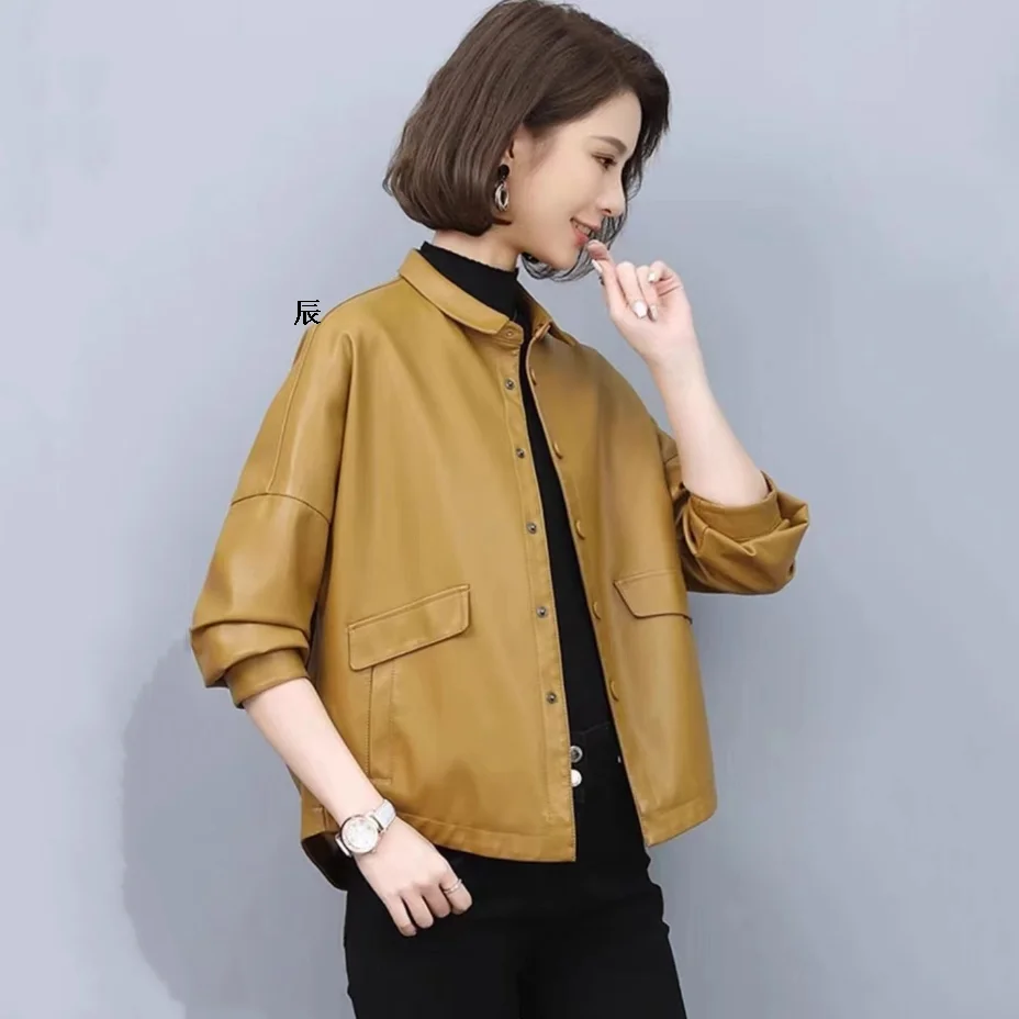 Women\'s Casual Short Leather Jacket Loose Motorcycle Top Spring Korean Lapel PU Jacket Outwear Lady Solid Single Breasted Coat