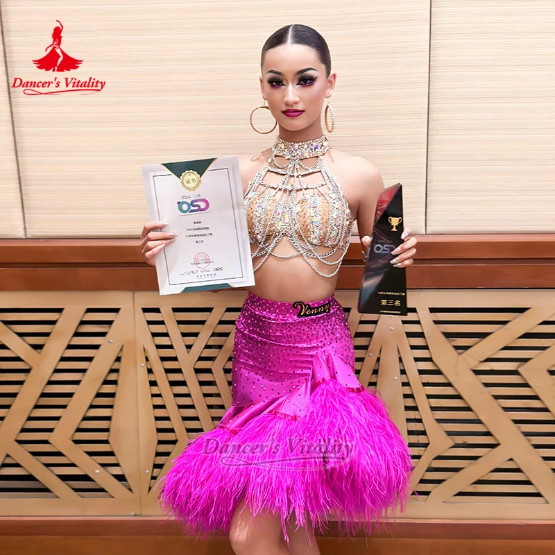 Adult&Child Latin Dance Luxury AB Stones Top+feather Style Skirt Suit Women Samba Chacha Rumba Clothing Custom Dancer's Vitality