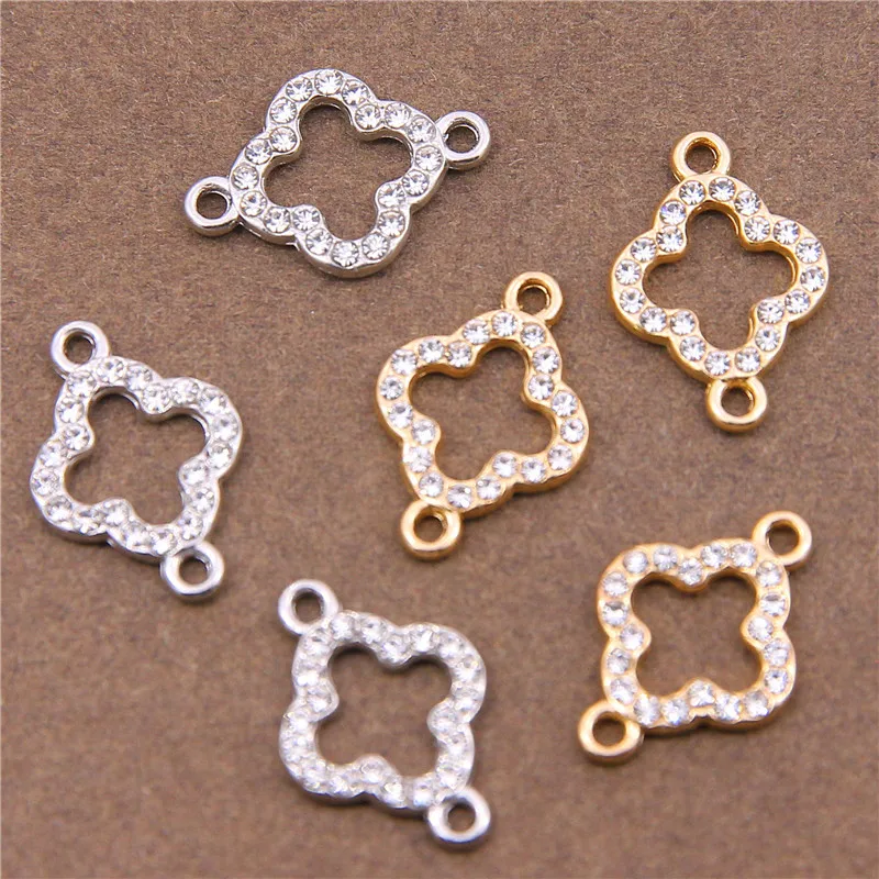 6pcs Filled Plated Rhinestones Double Hanging Four-leaf Clover Pendant Hand Material DIY Bracelet Earrings Connected Accessories