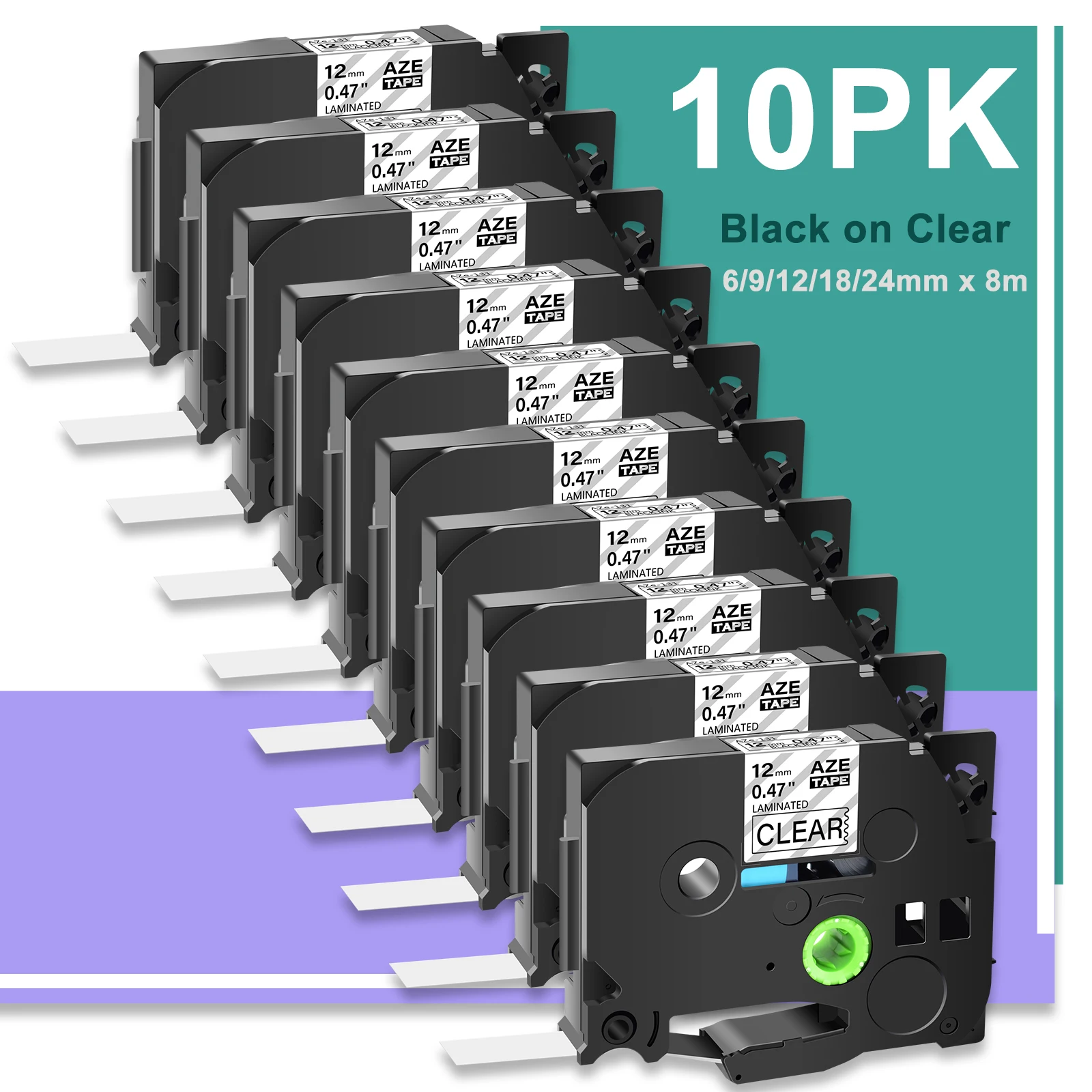 10PK 6/9/12/18/24mm Black on Clear Label Tape 100%Compatible for Brother TZe 131 Standard Laminated Ribbon for P-Touch Printers