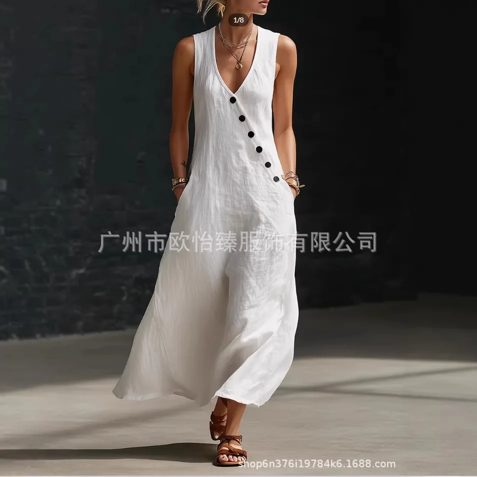 Vestidos De Mujer Casuales V-neck Sleeveless Pocket Commuting Casual Dress Womens Summer New Button Vest Street Daily Wear Dress