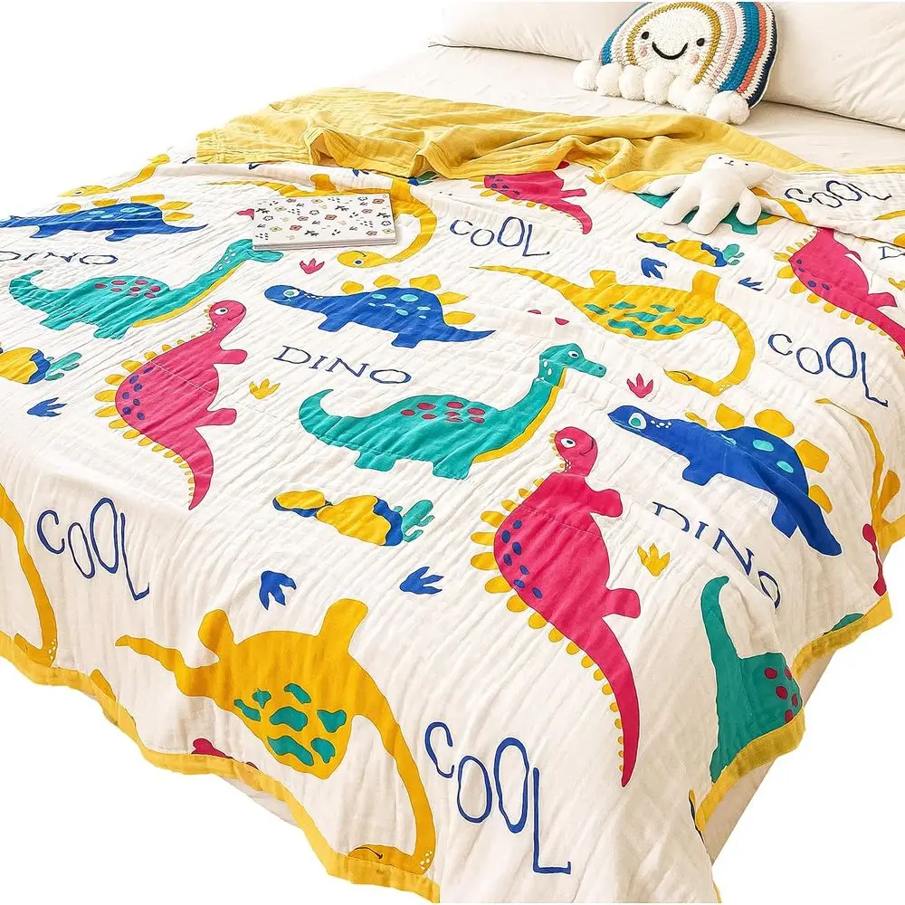Cotton Muslin Dinosaur 6-Layer Quilt, Crib Size 45x60, Warm Throw for Toddlers & Kids
