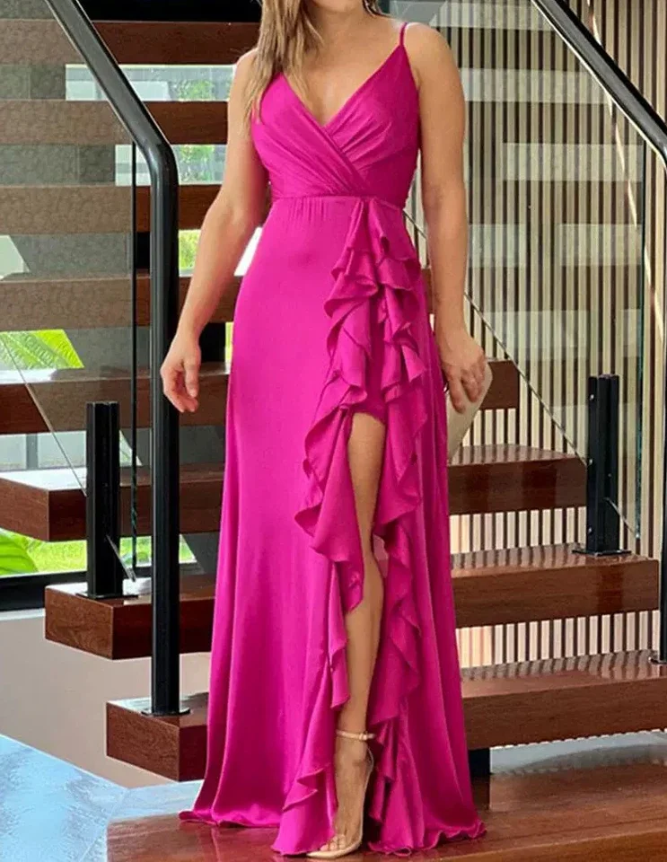 

Sexy Party Dresses for Women 2024 Summer Fashion Asymmetrical Ruffled Suspender Sleeveless Side Slit Elegant Evening Long Dress
