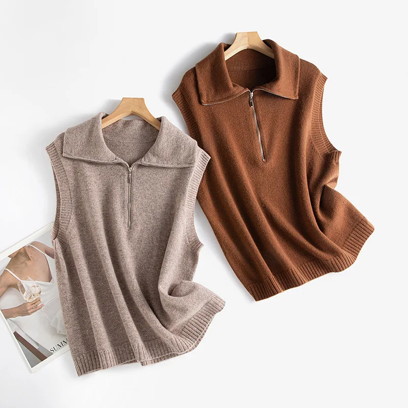 Haif Zipper Sleeveless 100% Pure Wool Sweater Vest Autumn Winter Women Turn Down Collar Loose Knitwear Tops For Minimalist