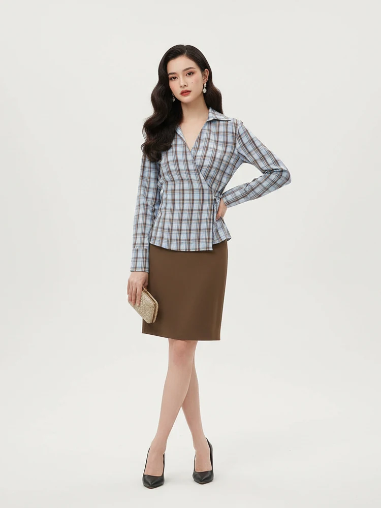 

Женская повседневная рубашка в клетку с утягивающим поясом, шикарная укороченная блузка с отложным воротником и длинными рукавами на одной пуговице, новинка 2026 года, для офиса и улицы