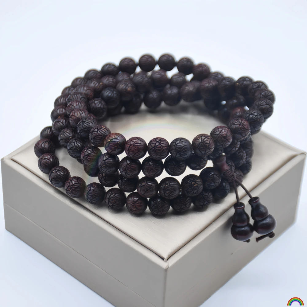 Natural rosewood 108 carved lotus bracelet with multiple circles, prayer beads, lotus Buddha beads, hand-held necklace, Rwbuye