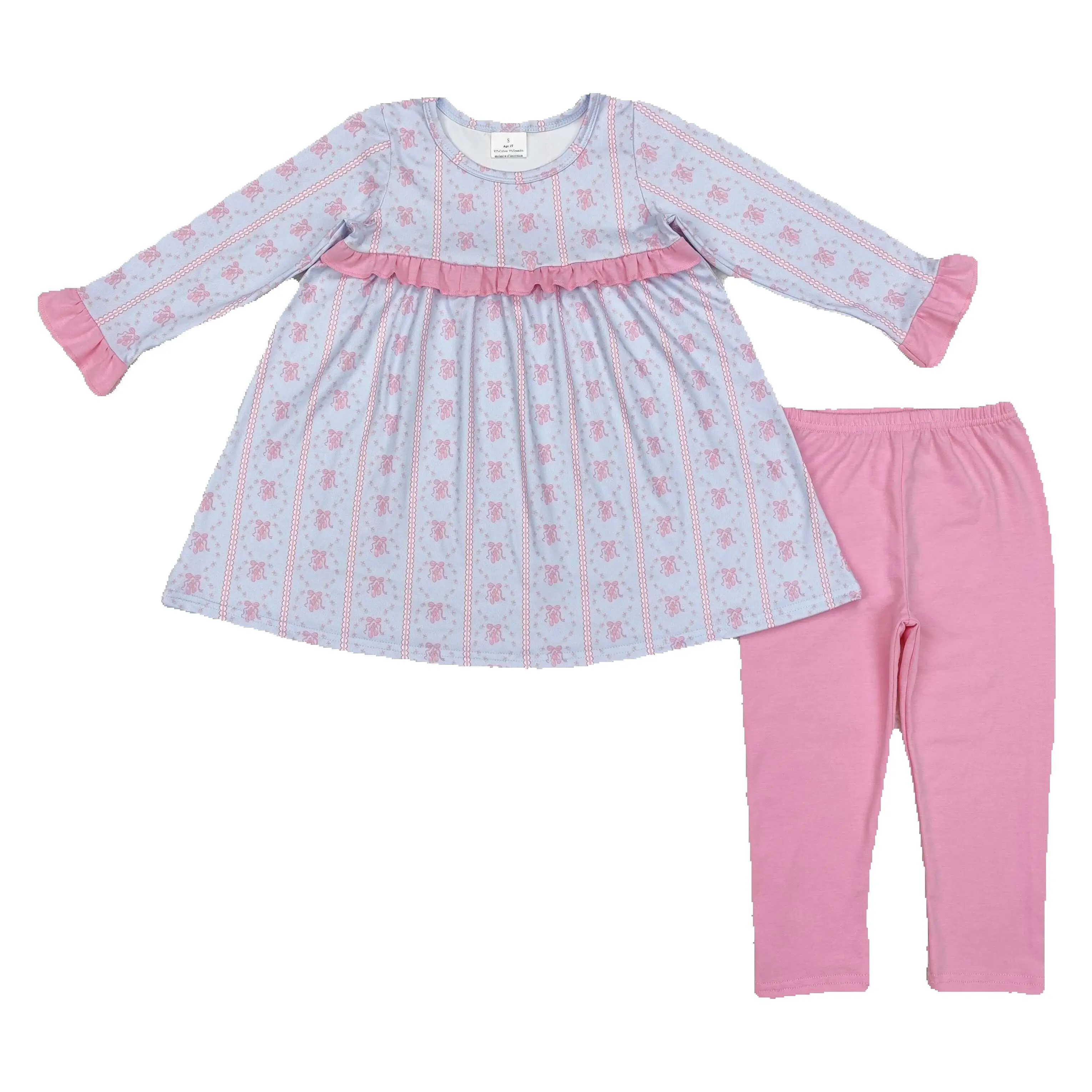 GLP2145 Kids Girls Autumn Outfit Sets Long Sleeves Ballet Shoes Flowers Pink  Print With Trousers Children Clothes rts no moq