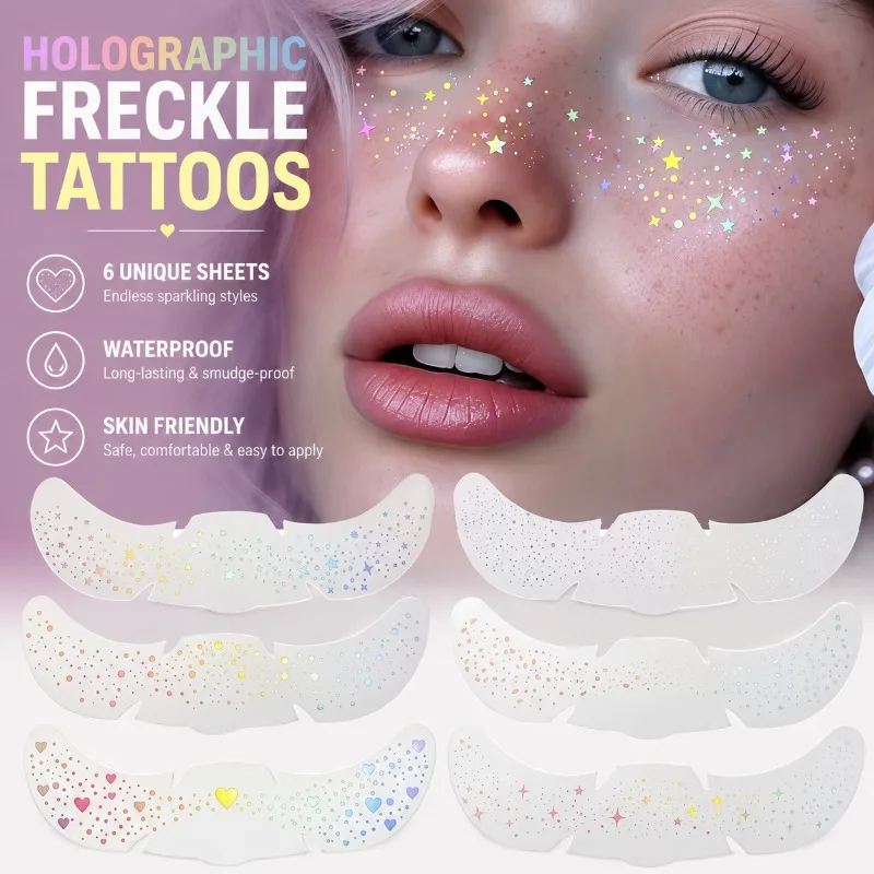 Holographic Silver Glitter Faux Freckle Face Stickers Waterproof Long Lasting Temporary Tattoo Decals Shimmer Cosmetic Patches