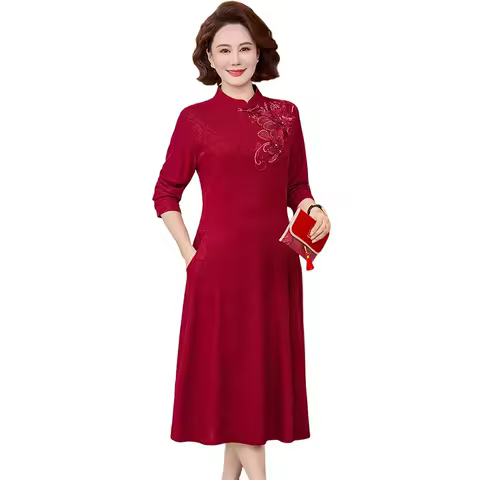 Plus Size Improved Cheongsam Dress Spring Autumn Women's Dresses Mother Elegant Party Evening Vestidos Mujer