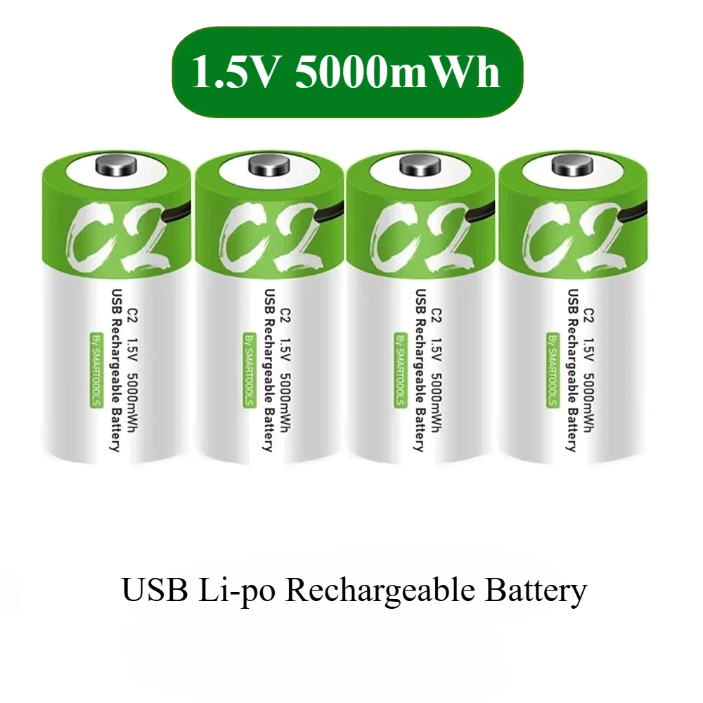 Batterie rechargeable Li-po de type C 1,5 V 5000 mWh, taille C, LR14, charge ultra-rapide pour lampe torche, cuisinière à gaz, piano électronique, radios