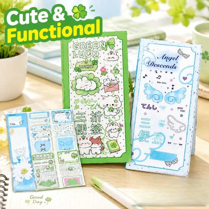 Fresh Four-leaf Clover Tri-fold Notepad Elegant Cat Pattern Tearable Sticky Note Pack Beautiful Page Markers for Journaling