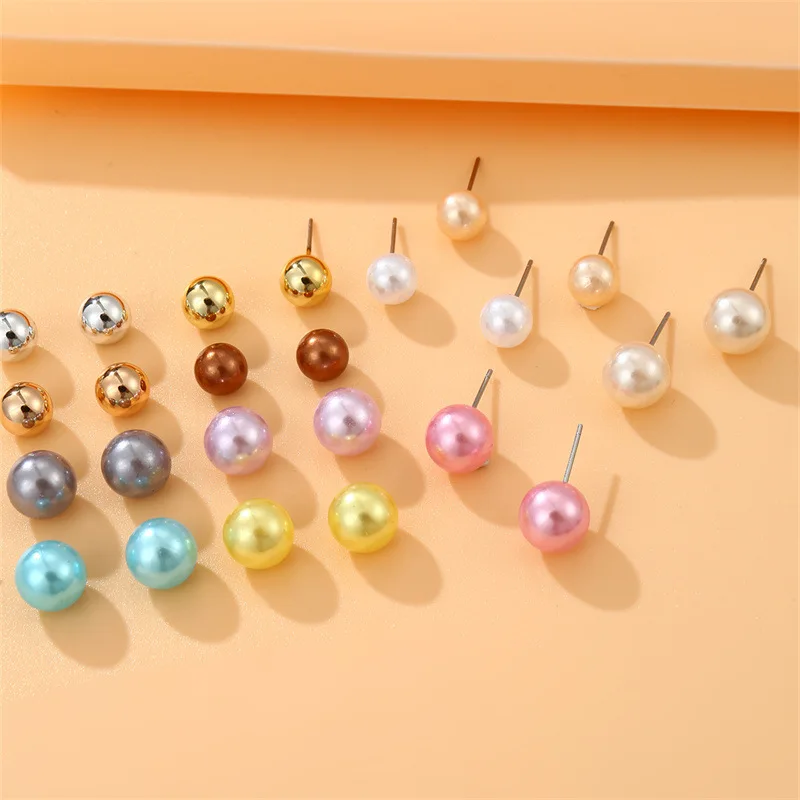 12Pair/set Simple Colorful Imitation Pearl Stud Earrings For Women Round Ball Earring Set Ear Studs Jewelry Party Brincos Bijoux