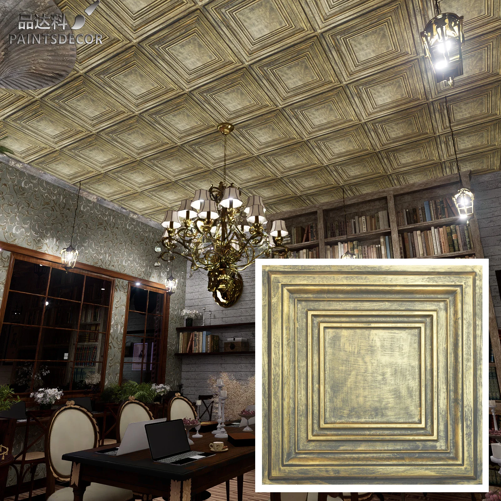 

Faux finishing Antiqued Country style ceiling panels Decorative tin wall tiles for Cafe 10pcs PL05 Ancient gold PAINTSDECOR