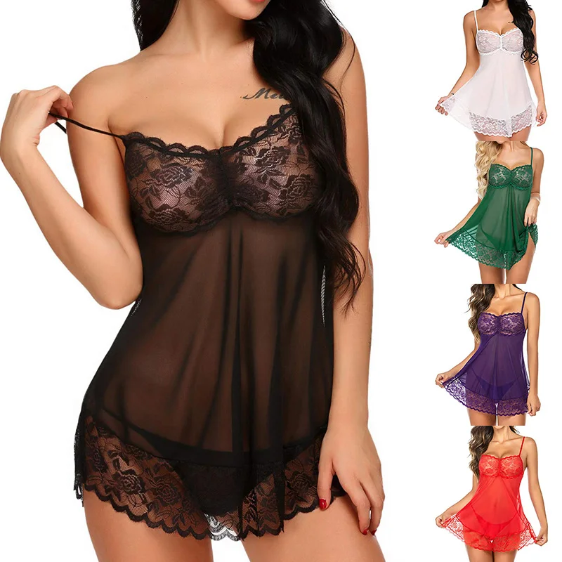 Chemise de nuit sexy en dentelle pour femmes, bretelles spaghetti, col en v, sous-vêtements féminins