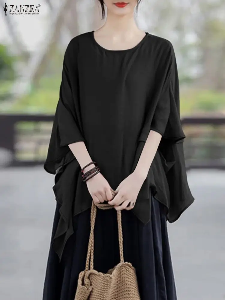 Femmes élégantes Blouses amples 2025 ZANZEA mode été col rond demi manches chemise solide travail Blusas femme asymétrique ourlet hauts