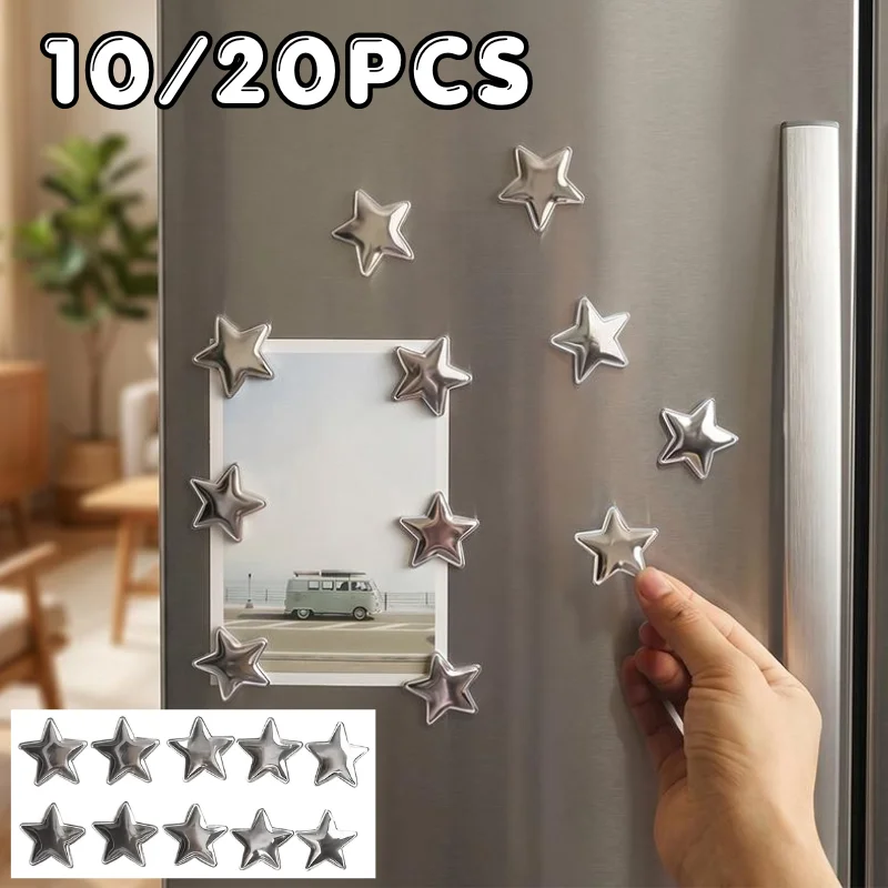 10/20PCS Silver 3D Star Fridge Magnets Cute Metal Star Refrigerator Sticker Photo Note Fixing Magnet Home Kitchen Decor Ornament