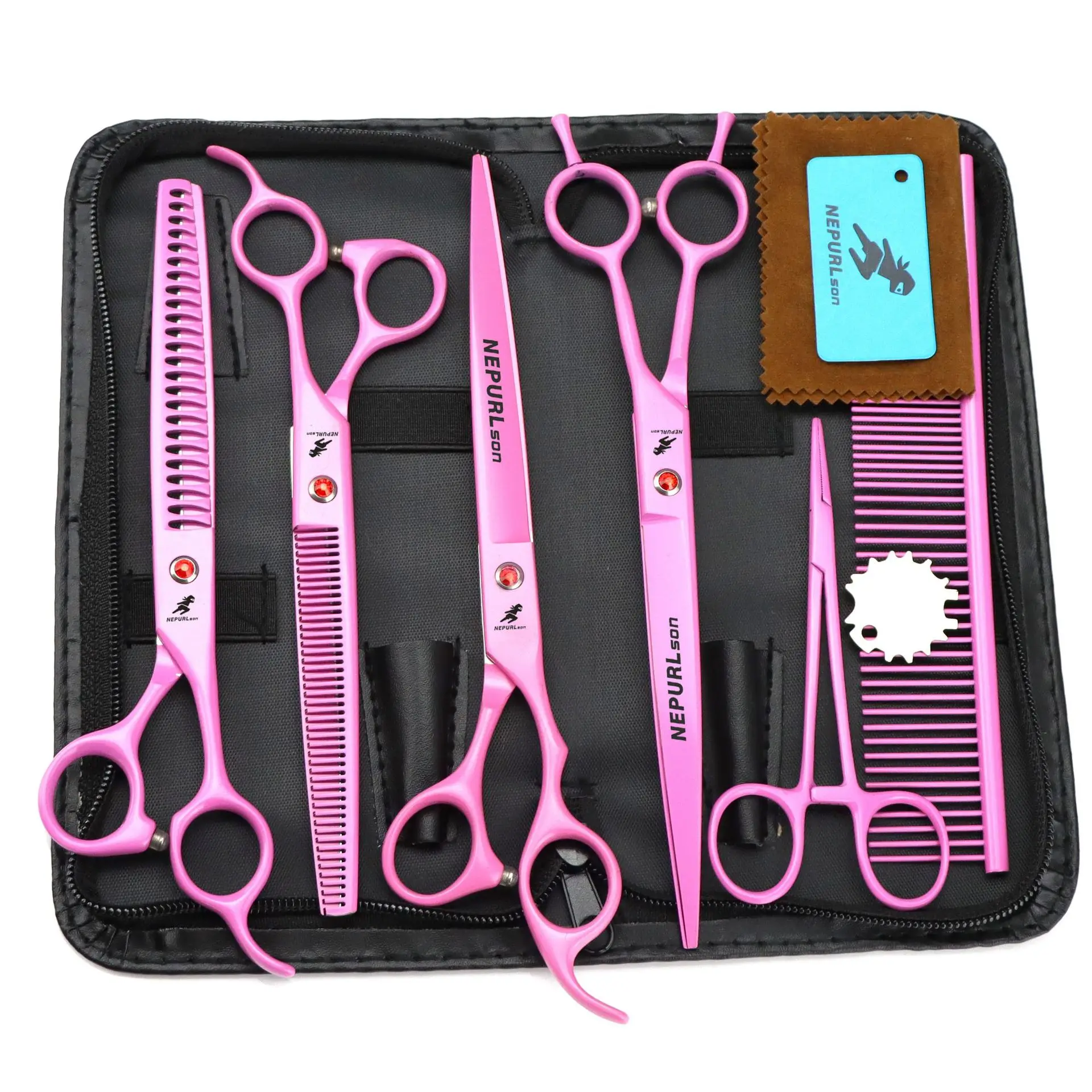 8 Inch Pink Pet Grooming Scissors Kit Dog Hair Cut Straight Curved Thinning Cut Comb Hemostatic Pliers Set Big/small Teeth Shear