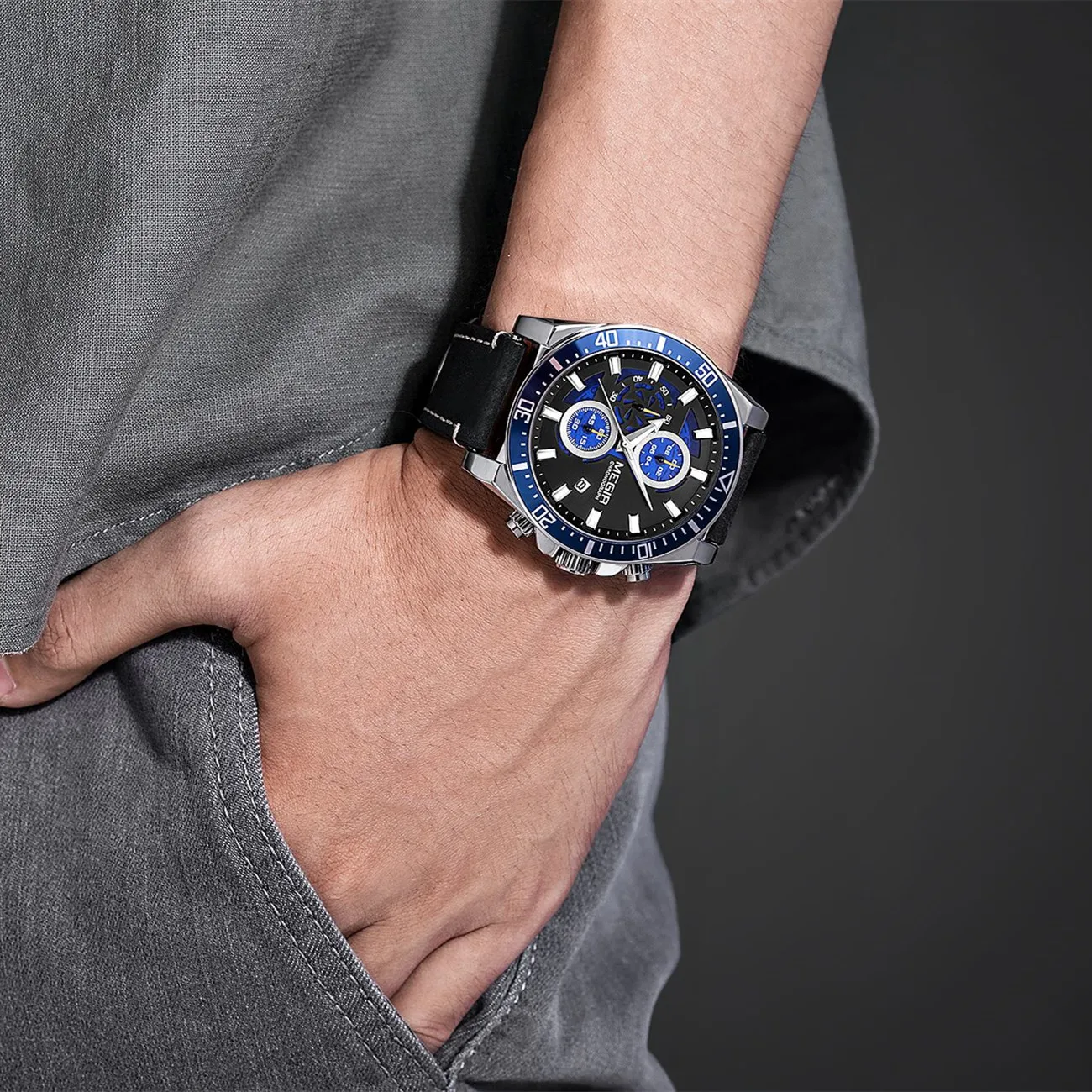 MEGIR 47MM Dial Men Quartz Watches Fashion Leather Sport Military Wristwatch Waterproof Luminous Male Chronograph Montre Homme