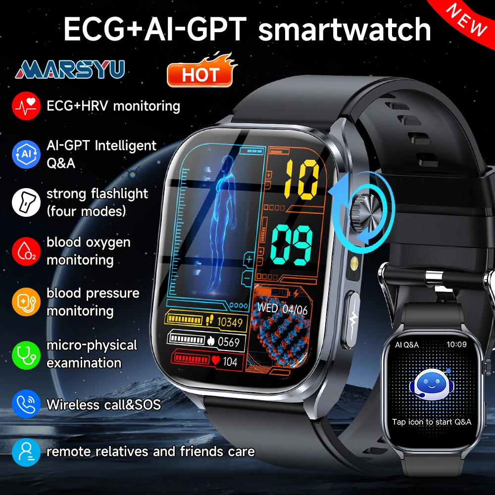 Marsyu AI Smartwatch EKG+HRV Sauerstoff Blutfette Harnsäure Mikro-Untersuchung Taschenlampe 2.5D UI Sprachanruf Smartwatch für Männer und Frauen