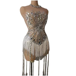 Sparkly Rhinestones Sequins Fringe Dress For Women Sexy Mesh Fringe Birthday Celebrate Party Queen Show Stage Wear