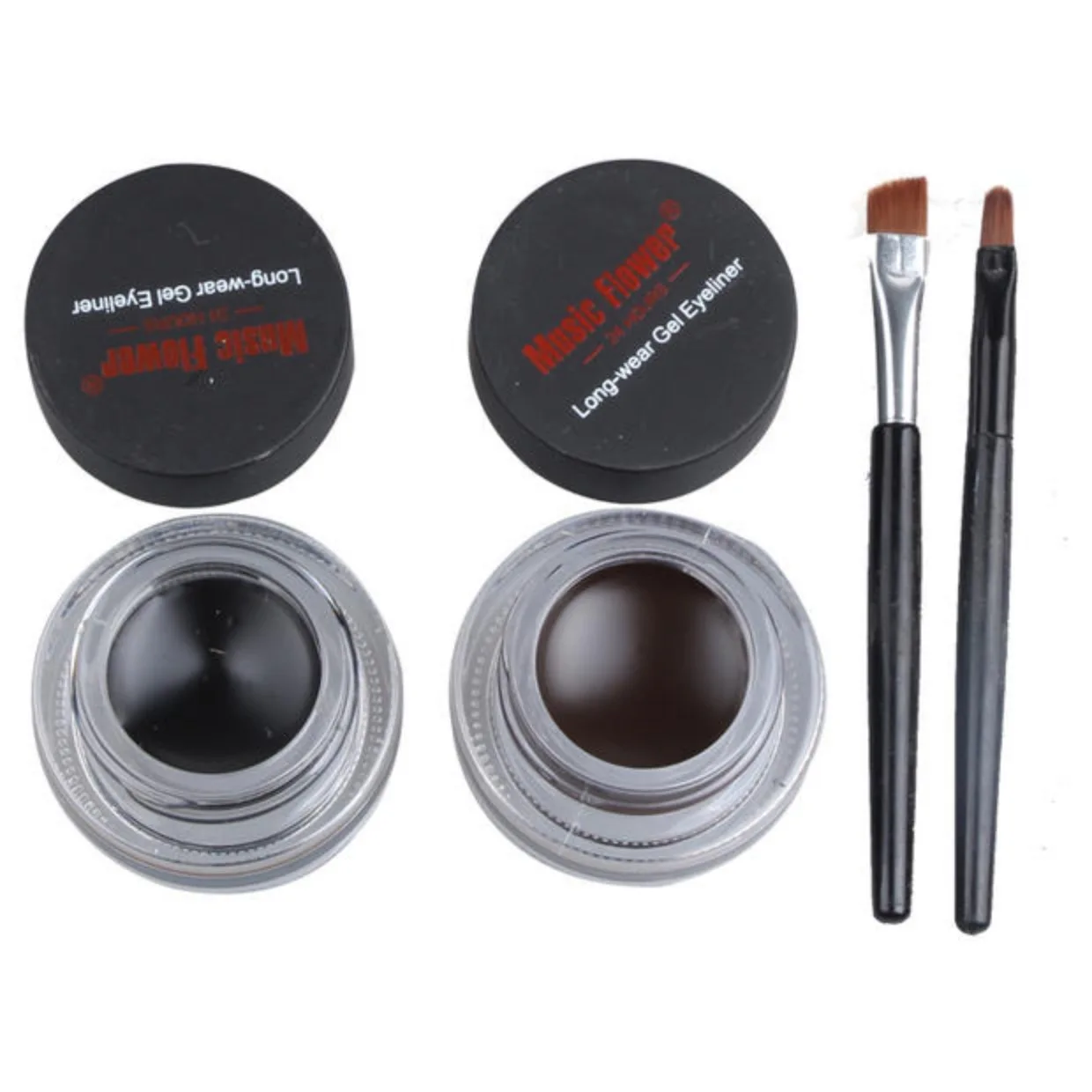 Music Flower 2 In 1 Brown + Black Eyeliner Gel Make Up Water-proof Eye Liner Kit Eye Makeup Tool 24H Long Lasting+ Brushes