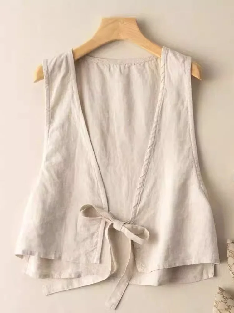 Gilet d'été en coton et lin pour femmes, petite taille, couleur, vêtements d'extérieur simples, ceinture, haut Svel, amincissant, longueur ort