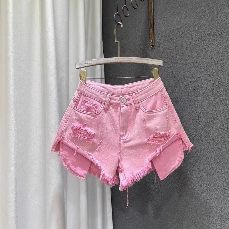 2024 New Women High-waisted Light-colored Holes Designed Denim Shorts Female A-shaped Ripped Jeans s-xl pink blue