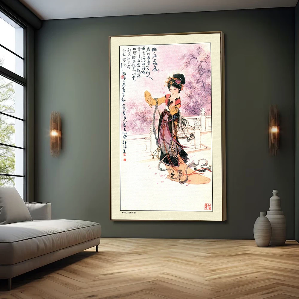 1pc frameless,Vintage Chinese Woman Painting Print For Living Room Decor Abstract Poster Ancient China Hanfu Girl Canvas Paintin - view 4