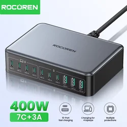 Rocoren 400W USB Type C Fast Charger Portable 200W Desktop Power Station Type-C Gan Charger For iPhone 16 17 Pro Max MacBook Air