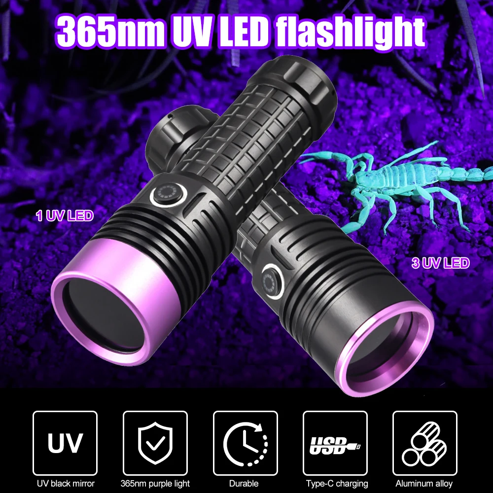 Mini lanterna UV Ultravioleta Blacklight, USB recarregável, Cílios roxos, Detector de urina do animal do tapete, Pegar escorpiões, 30W, 365nm