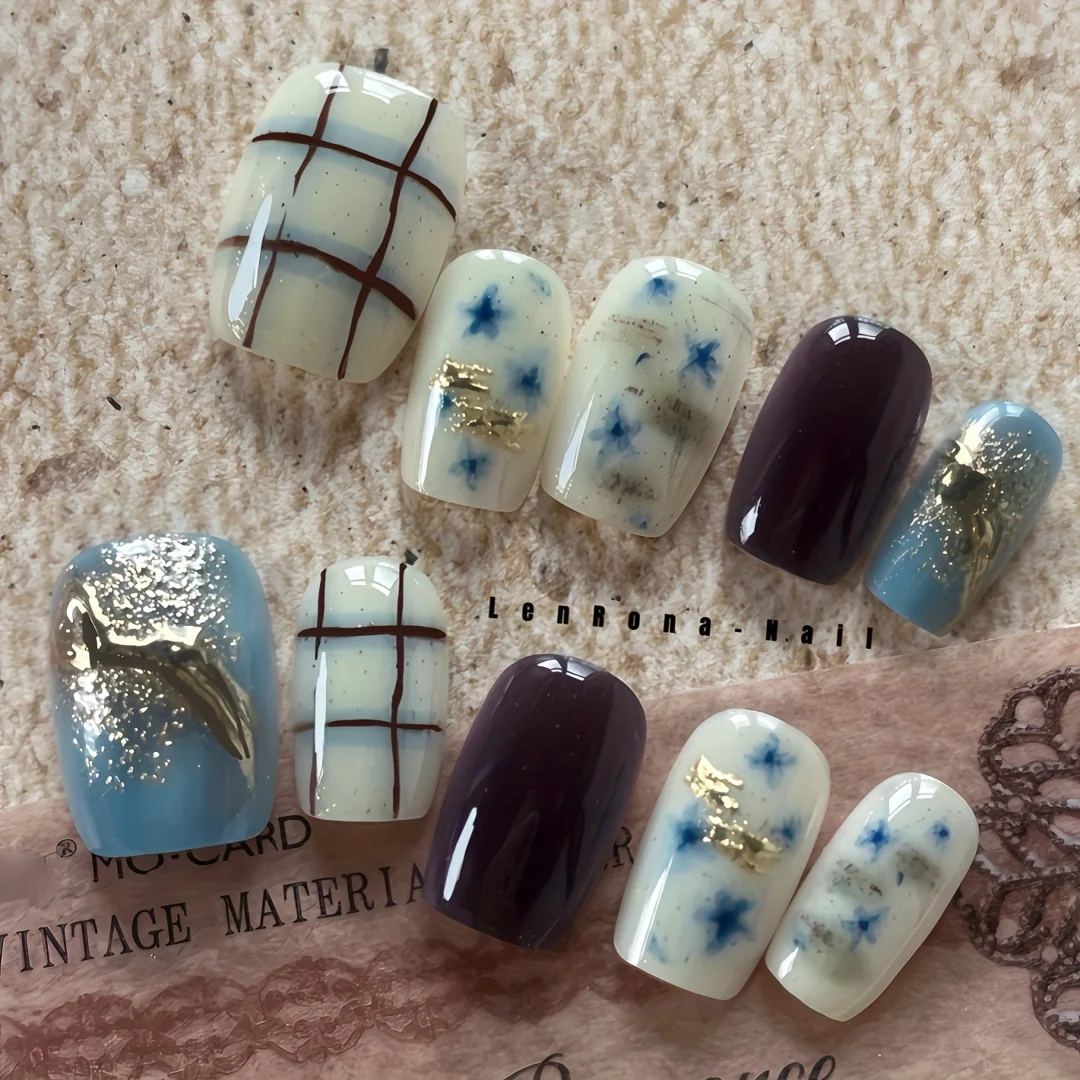 

10 шт., французские ногти ручной работы, художественные клетчатые позолоченные янтарные кончики для ногтей с полным покрытием для женщин и девочек, съемные носимые ногти