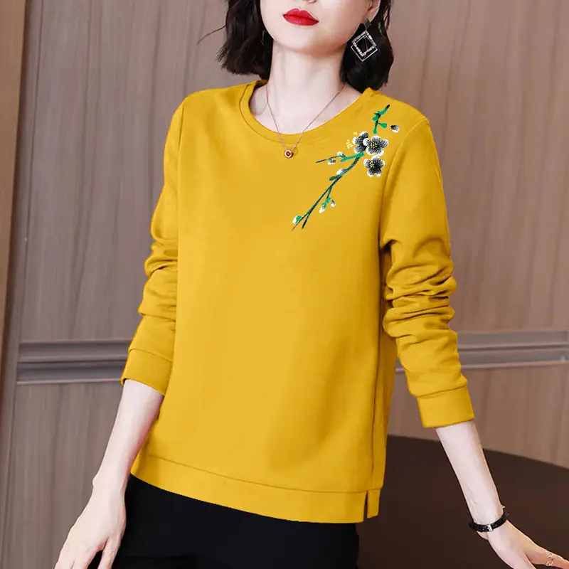 Elegant Fashion Floral Print Solid Color T-shirt Women\'s Clothing Autumn Winter New Casual Long Sleeve O-Neck All-match Tops