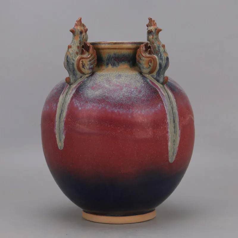 Handmade Jingdezhen Jun Ware Flambe Phoenix Pattern Four Loop Jar Antique Style Porcelain Home Decor