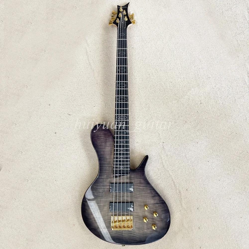 Flyoung 5 Strings Transparent Black Electric Bass Guitar with Flame Maple Veneer Rosewood Fretboard 24  Frets